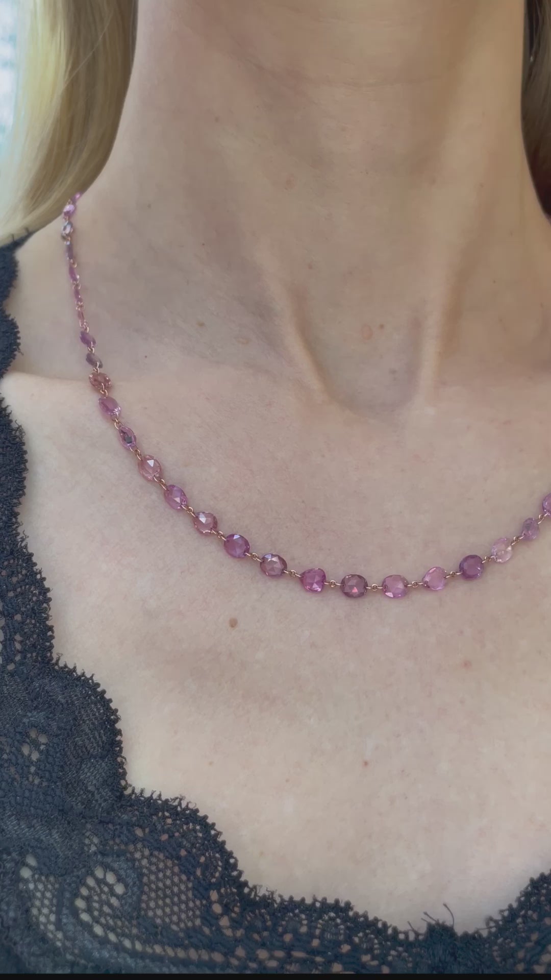 Pink_Sapphire_Collet-Set_Riviere_Necklace_18k_Rose_Gold_-_TCW_-RG_A33621d | 27.25 TCW|  Video - model