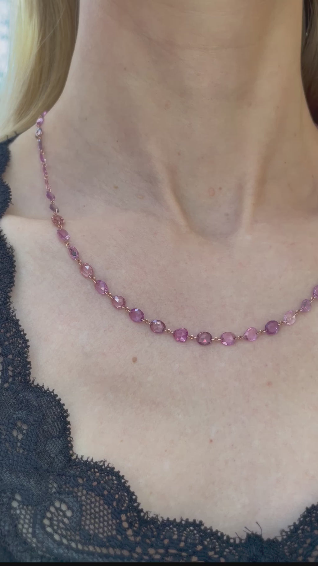 Pink_Sapphire_Collet-Set_Riviere_Necklace_18k_Rose_Gold_-_TCW_-RG_A33621d | 27.25 TCW|  Video - model