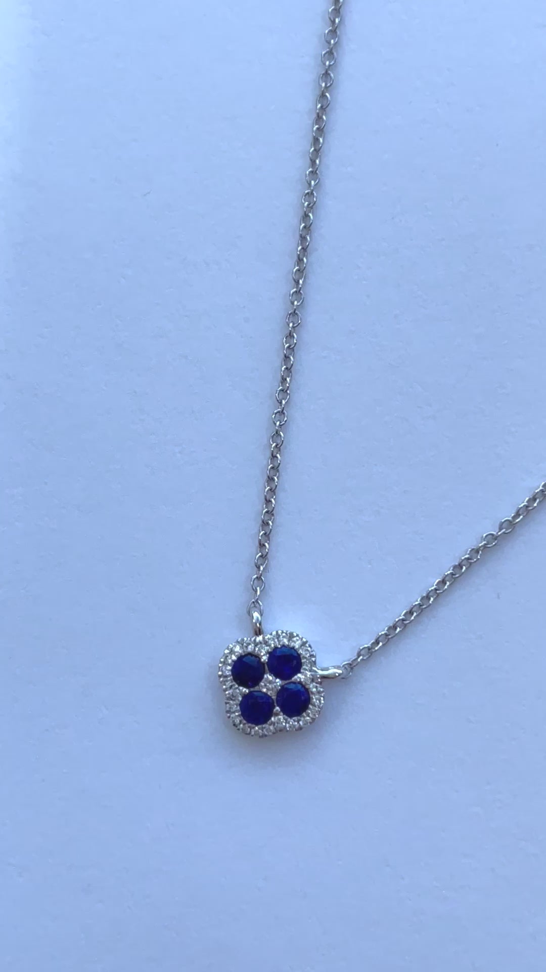 Blue Sapphire & Diamond Clover Pendant Necklace | 14K White Gold | Video | Flatlay