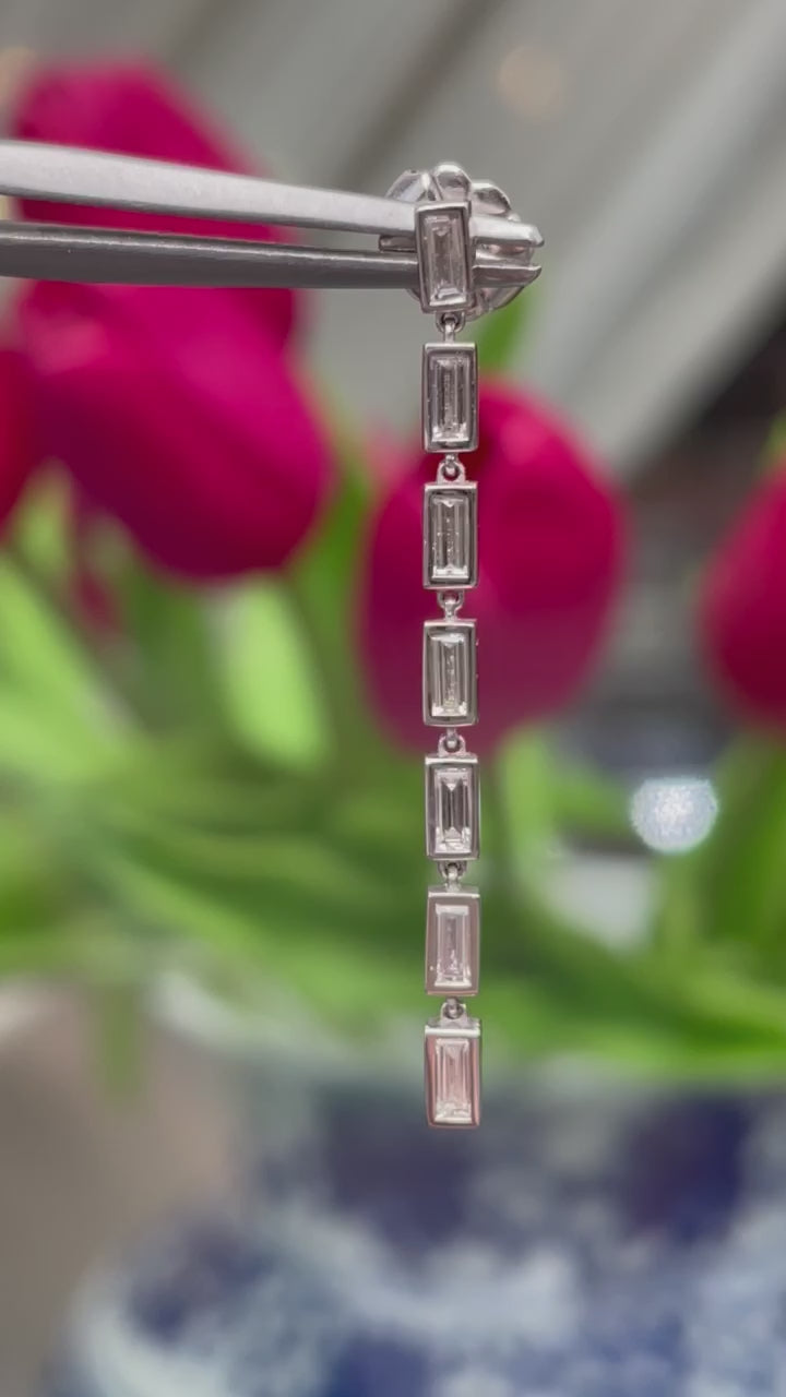 Bezel Set Baguette Diamond Dangle Drop Earrings in Platinum | Video 