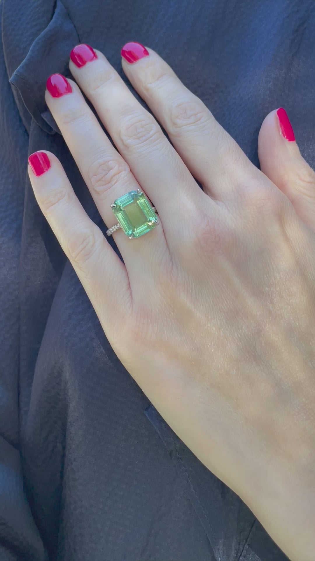 Emerald Cut Green Tourmaline Ring with a Platinum and Diamond Micro Pave Setting_G18499_Video3