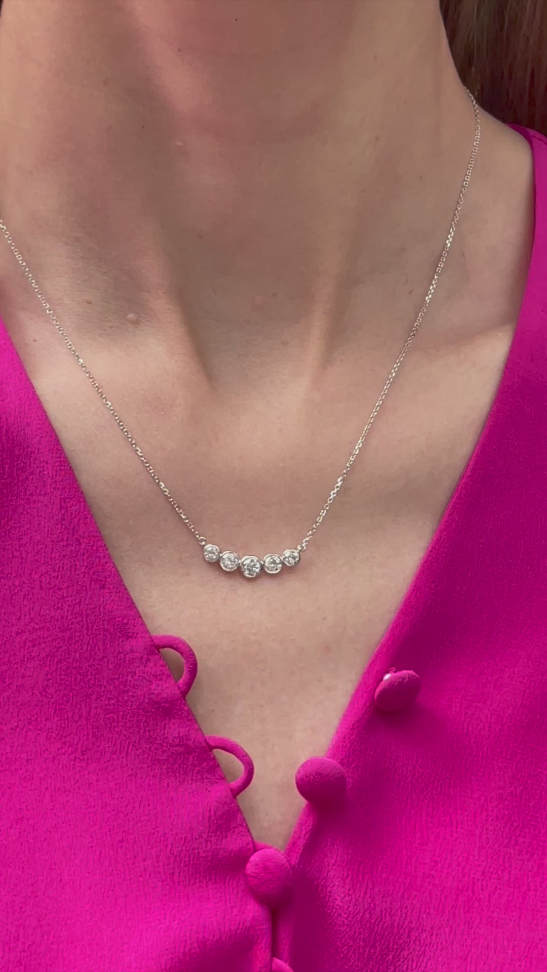 5 Diamond Bezel Set Curved Bar Necklace | 14k White Gold - video - model