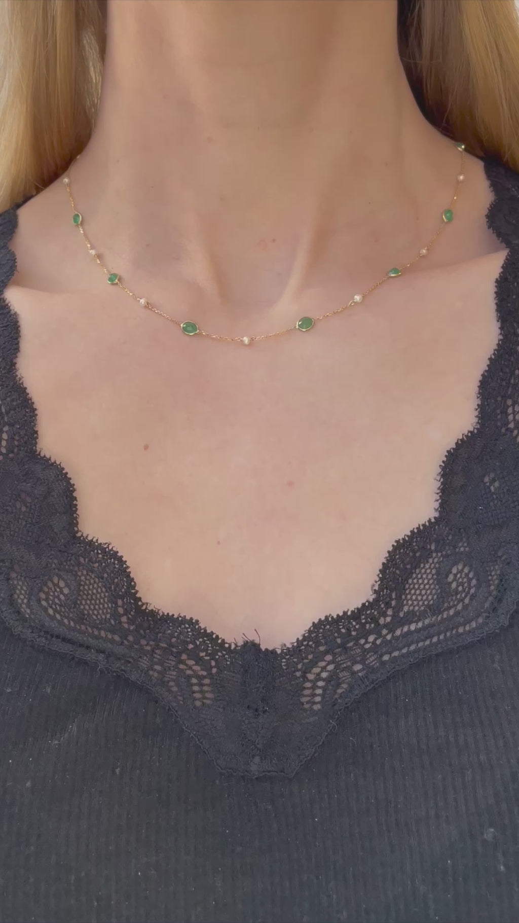 Emerald & Pearl Station Necklace | 14K Yellow Gold | Video | Model