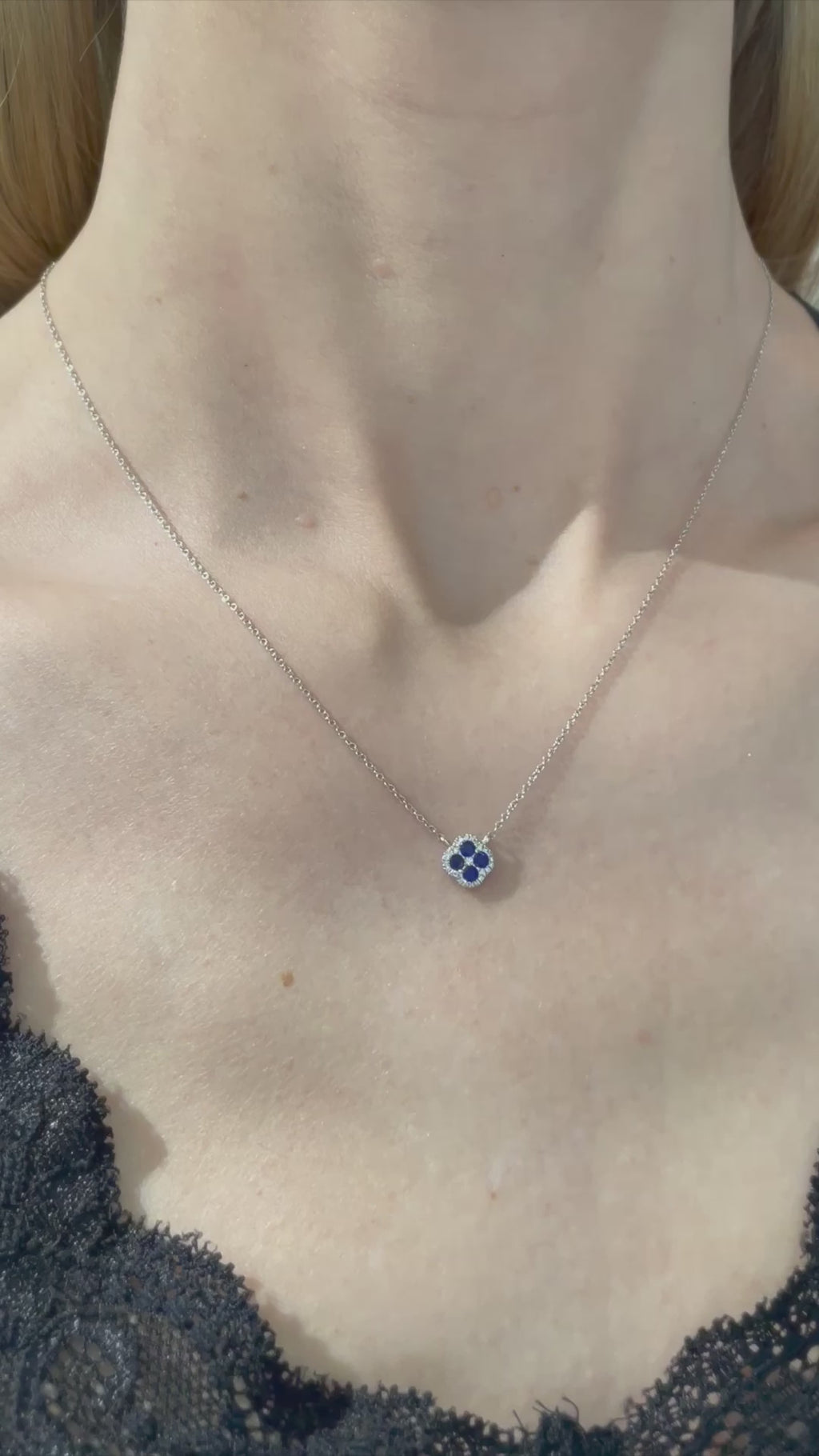 Blue Sapphire & Diamond Clover Pendant Necklace | 14K White Gold |  Video | Model