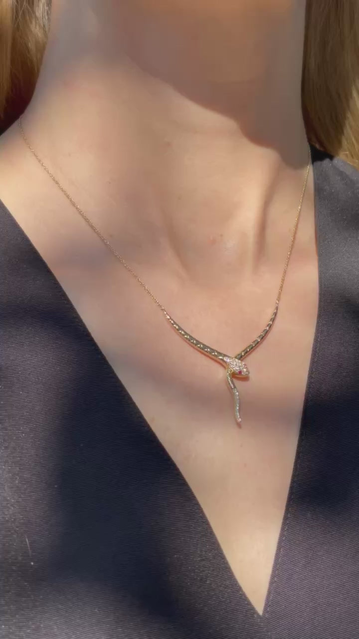 14K Yellow Gold Snake Necklace with Diamonds & Rubies | Video | Model