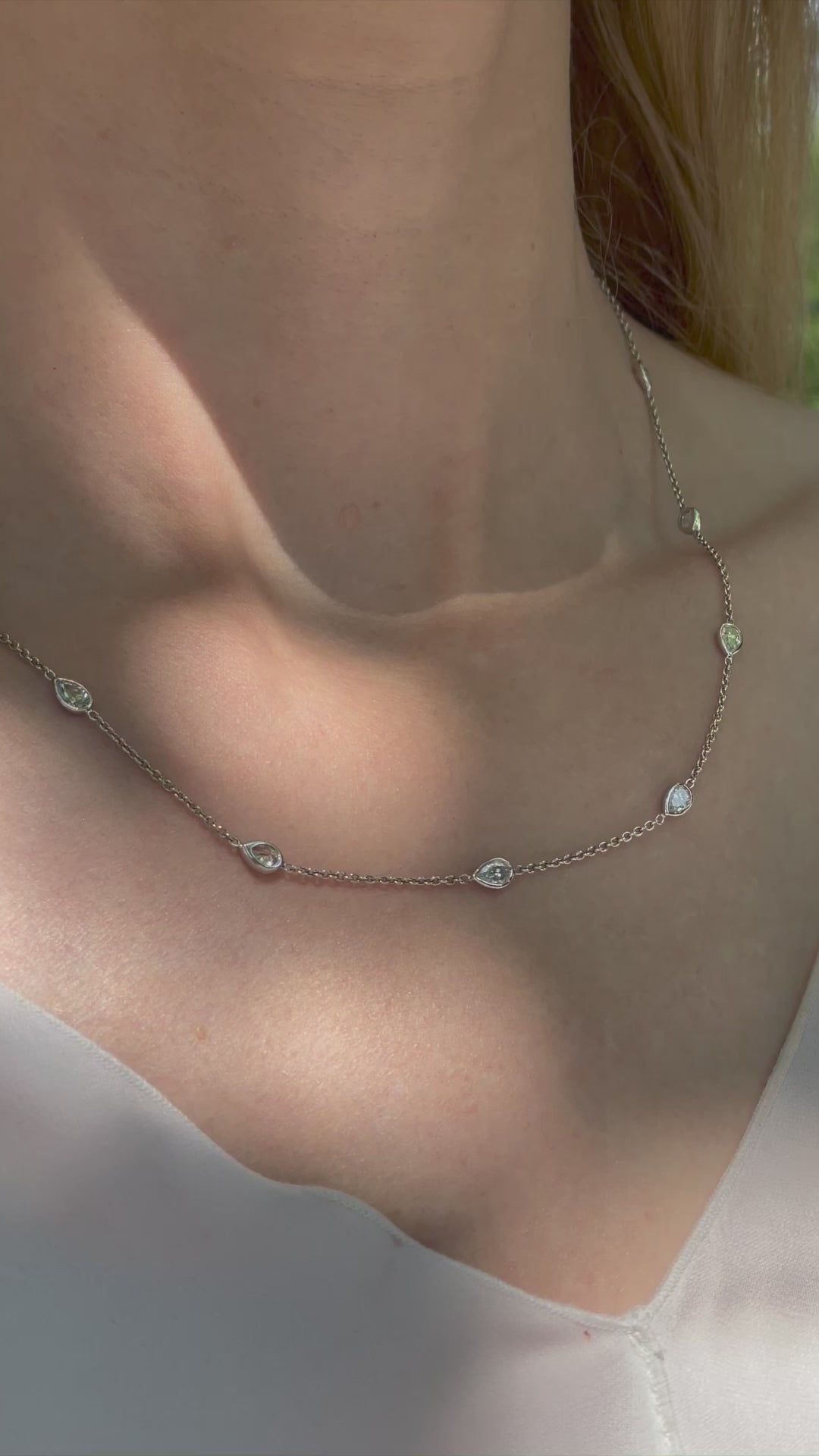 Pear Shaped Diamond Bezel Set Station Necklace | Platinum | 2.40 TCW - Video - Model