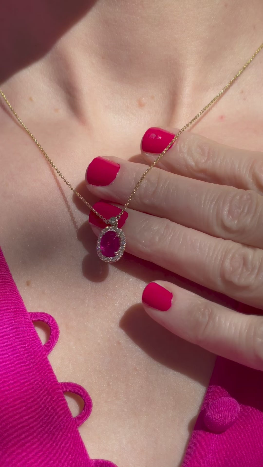 14K Yellow Gold Ruby & Diamond Halo Pendant Necklace | Model | Video