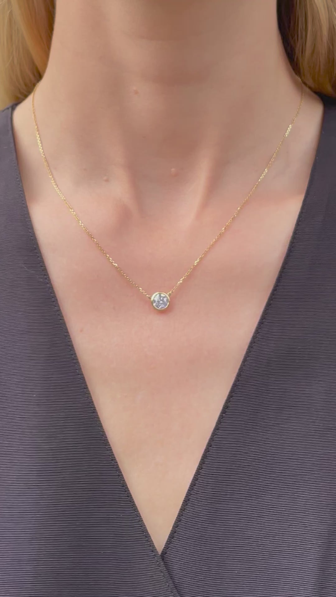 0.75 Carat Bezel Set Diamond Solitaire Pendant Necklace | 14k Yellow Gold - c10-75-YG - Video - Model