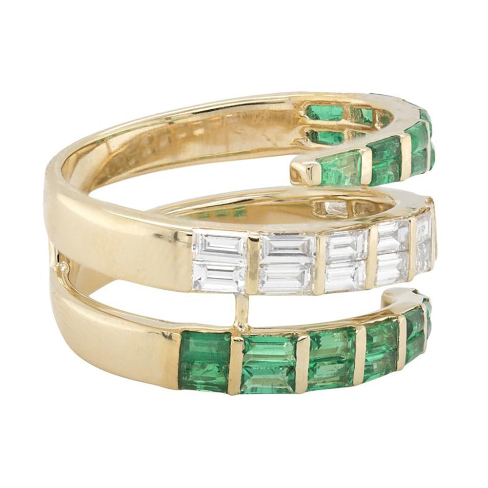 14K Yellow Gold Emerald and Diamond Spiral Ring