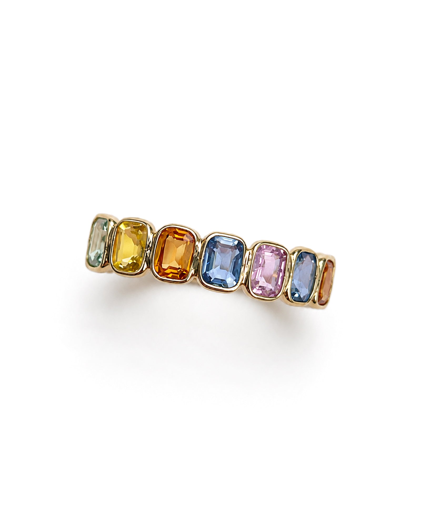 Rainbow Bezel Set Sapphire Ring in 14K yellow gold featuring 2.15 TCW of emerald-cut multicolor sapphires.