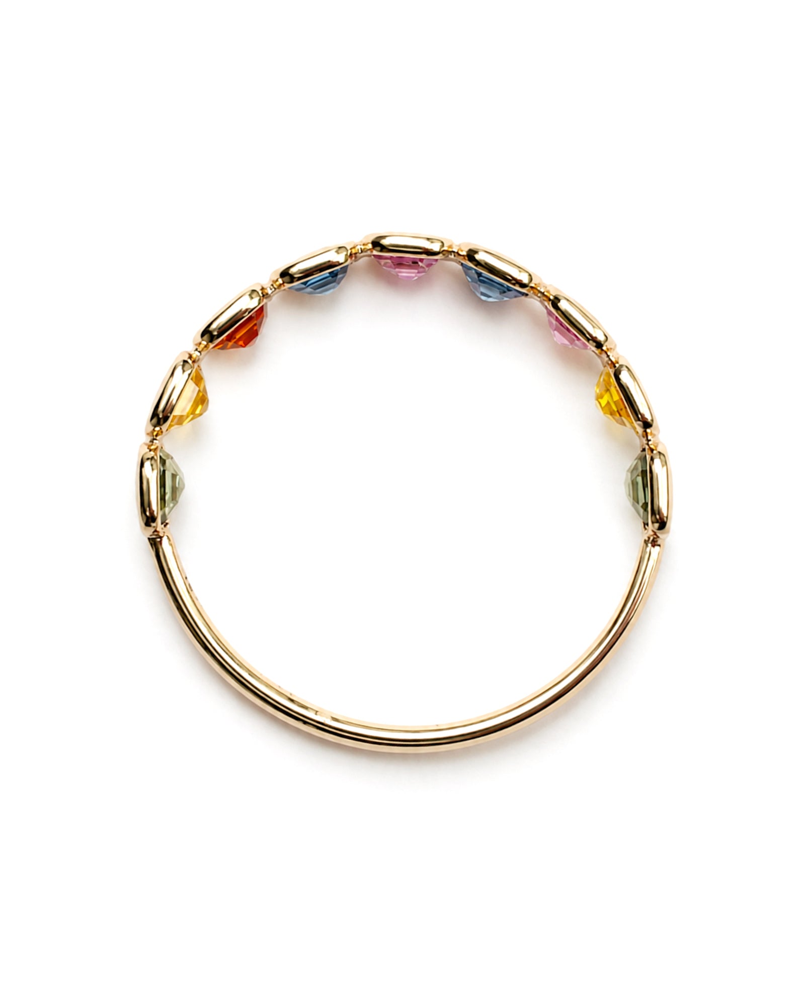 Standing view of Rainbow Bezel Set Sapphire Ring in 14K yellow gold featuring 2.15 TCW of emerald-cut multicolor sapphires.