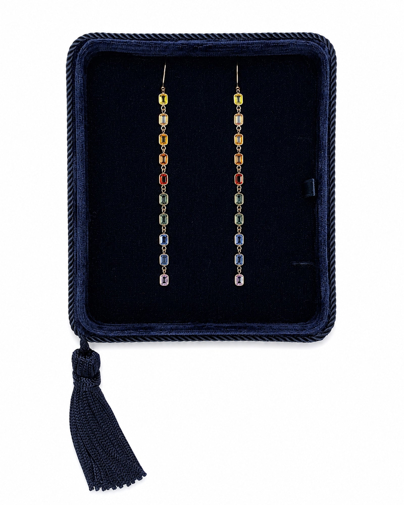 Rainbow sapphire bezel set drop earrings displayed in a navy velvet Marisa Perry jewelry box.