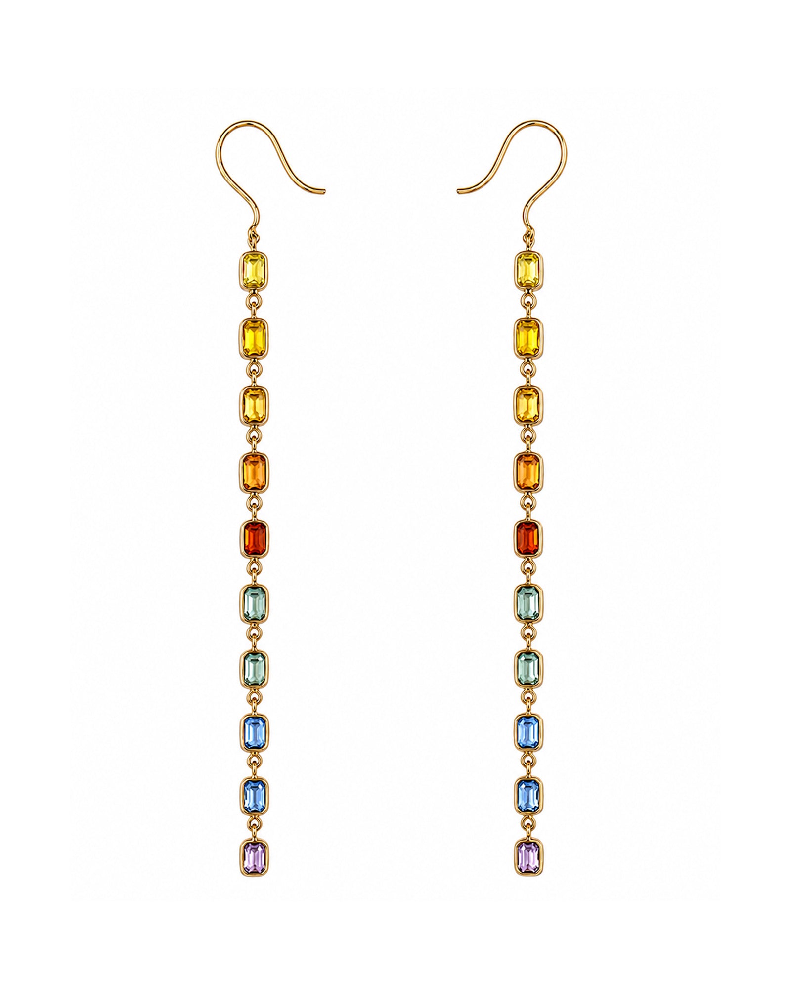 Rainbow sapphire bezel set drop earrings featuring emerald-cut natural multicolor sapphires set in 14K yellow gold.