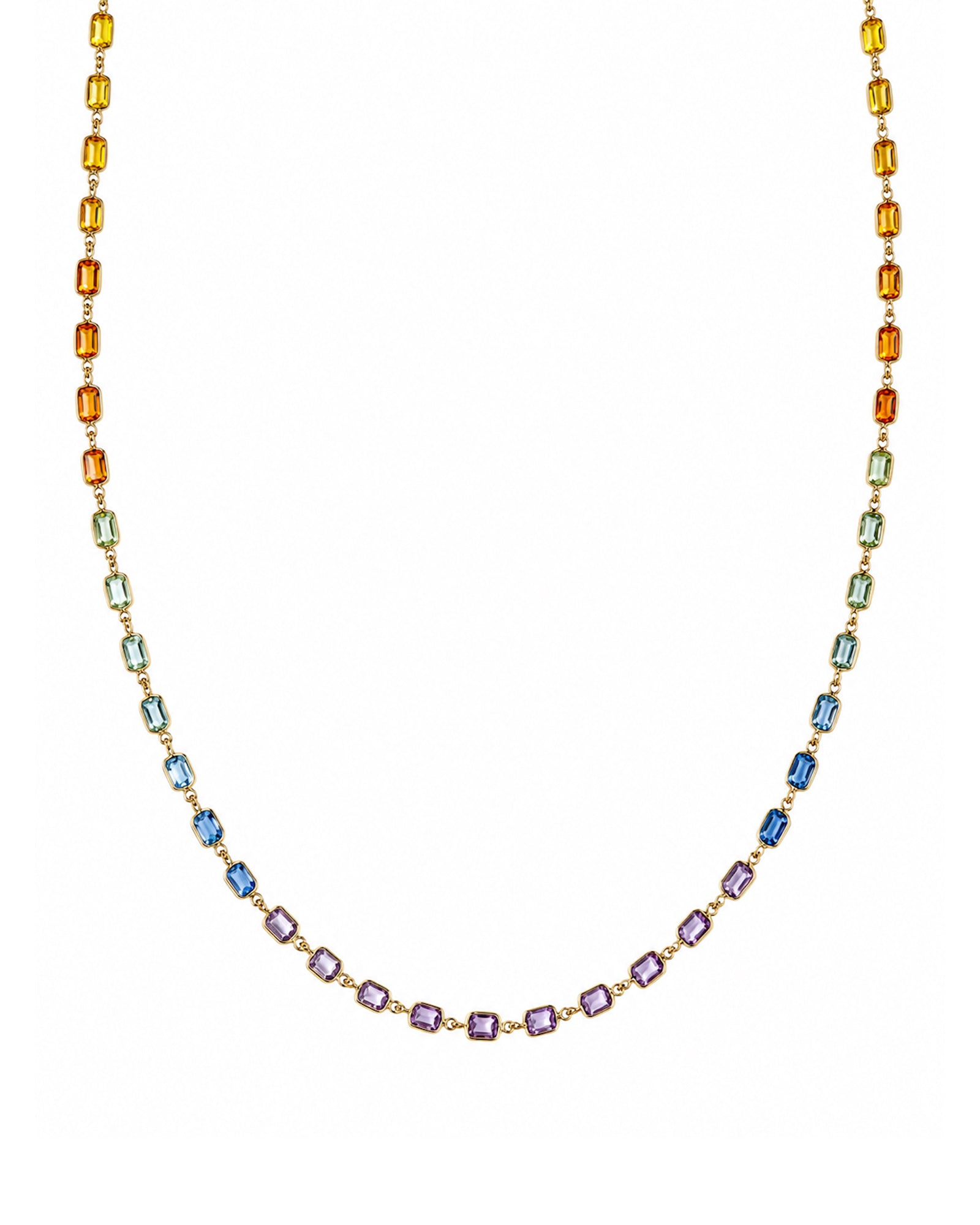 Rainbow sapphire bezel set necklace featuring emerald-cut natural multicolor sapphires set in 14K yellow gold.