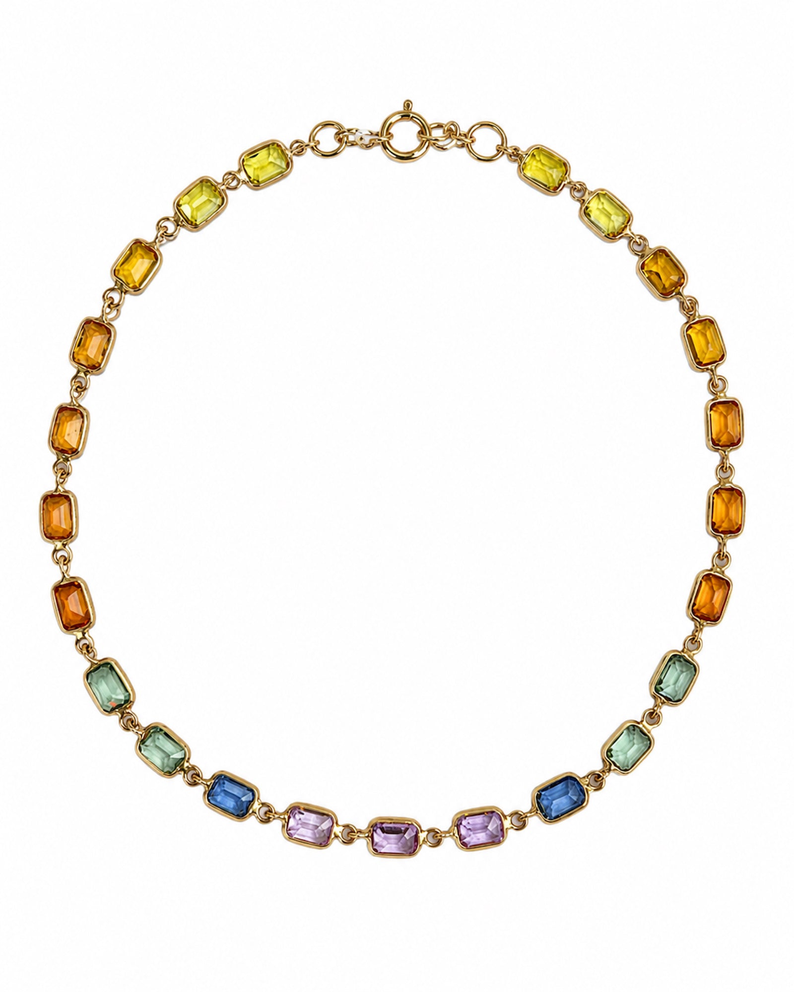 Rainbow sapphire bezel set tennis bracelet featuring emerald-cut natural multicolor sapphires set in 14K yellow gold.