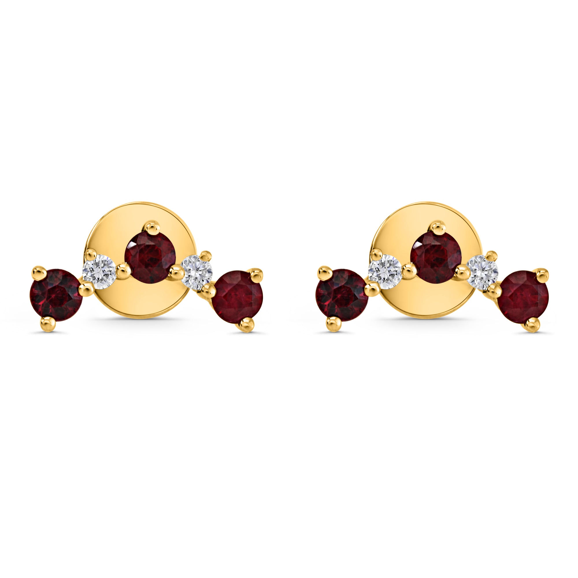 Gold earrings with red rubies and diamonds on a white background
