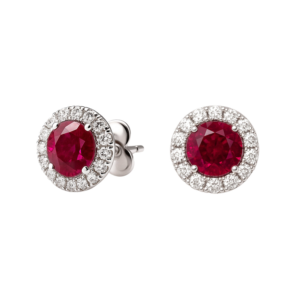 18K White Gold Round Ruby & Diamond Halo Stud Earrings