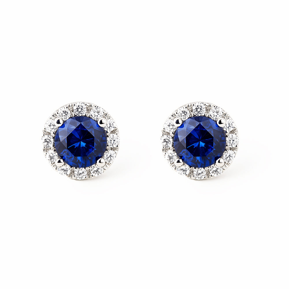 14K White Gold Round Sapphire & Diamond Halo Stud Earrings