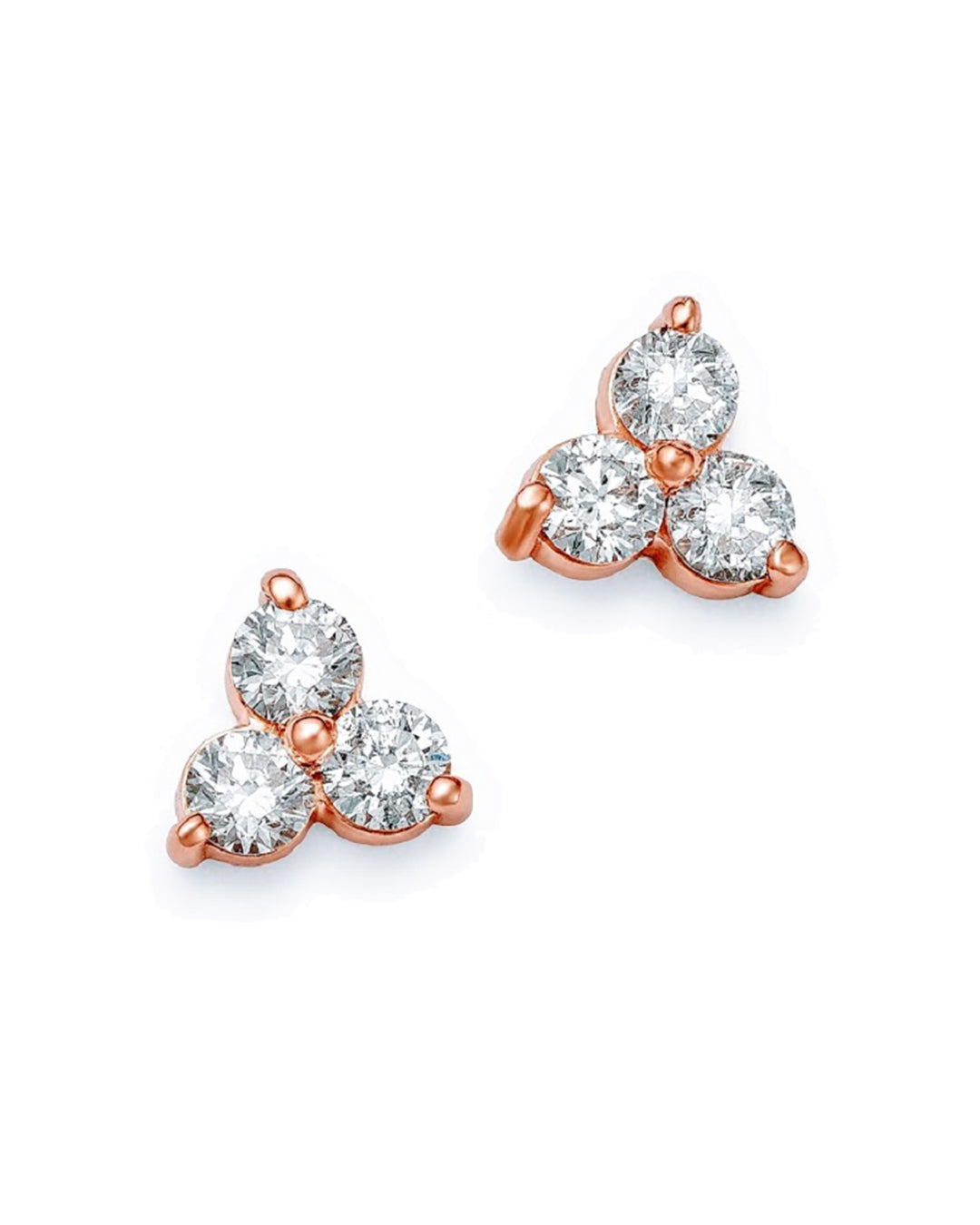 A pair of small diamond trilogy stud earrings in 14k rose gold featuring 0.40 TCW of round brilliant-cut diamonds in a cluster design.