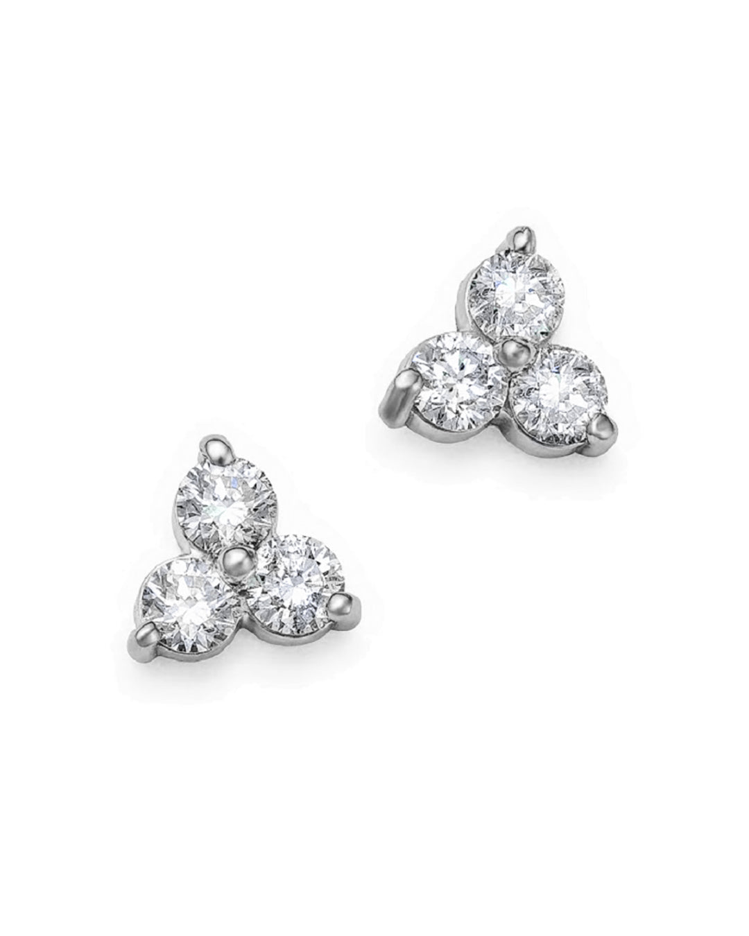 0.40 carat total weight diamond trilogy stud earrings in 14K white gold featuring three round brilliant cut diamonds in a cluster design.