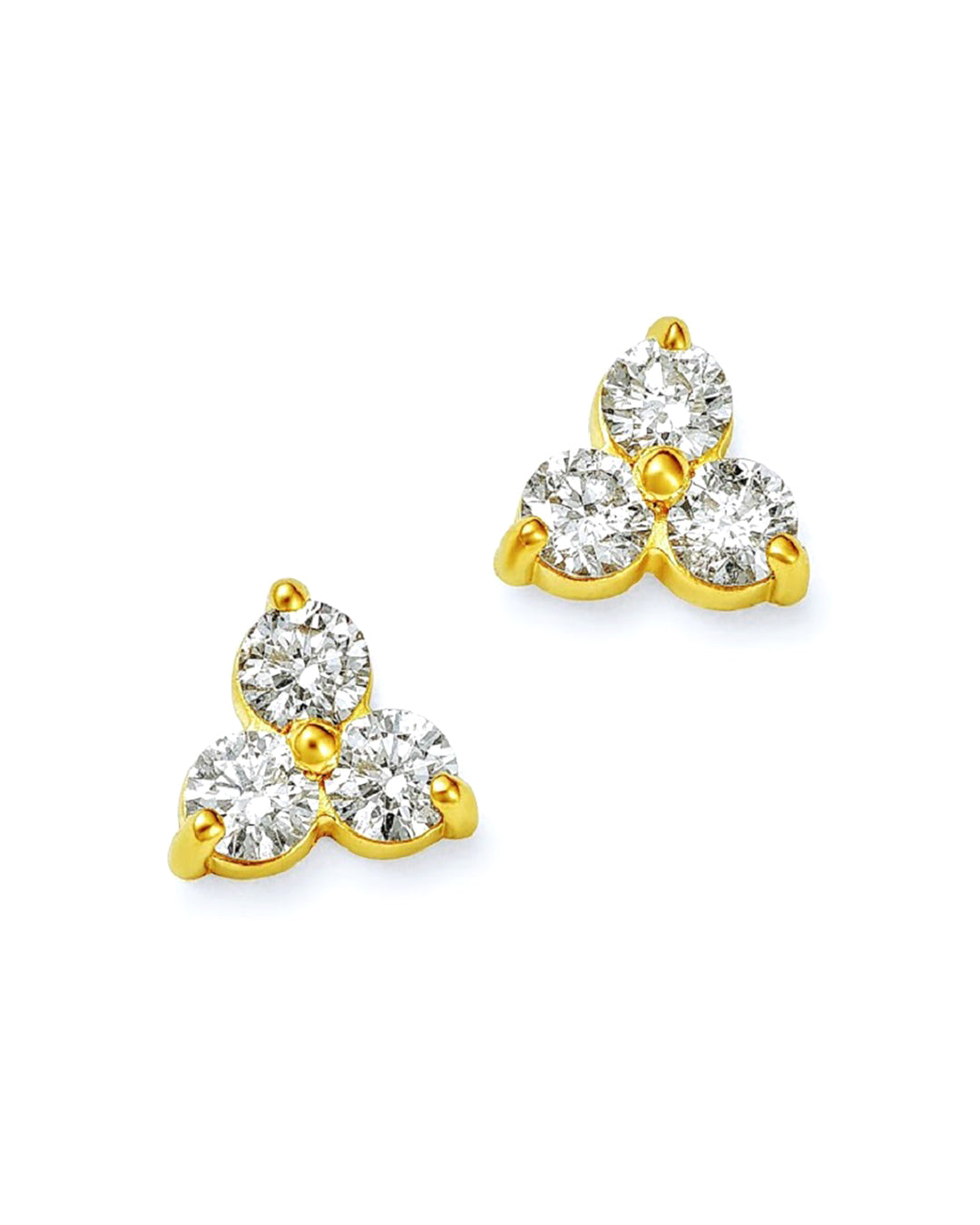 0.40 carat total weight diamond trilogy stud earrings in 14k yellow gold featuring three round brilliant cut diamonds in a cluster design.