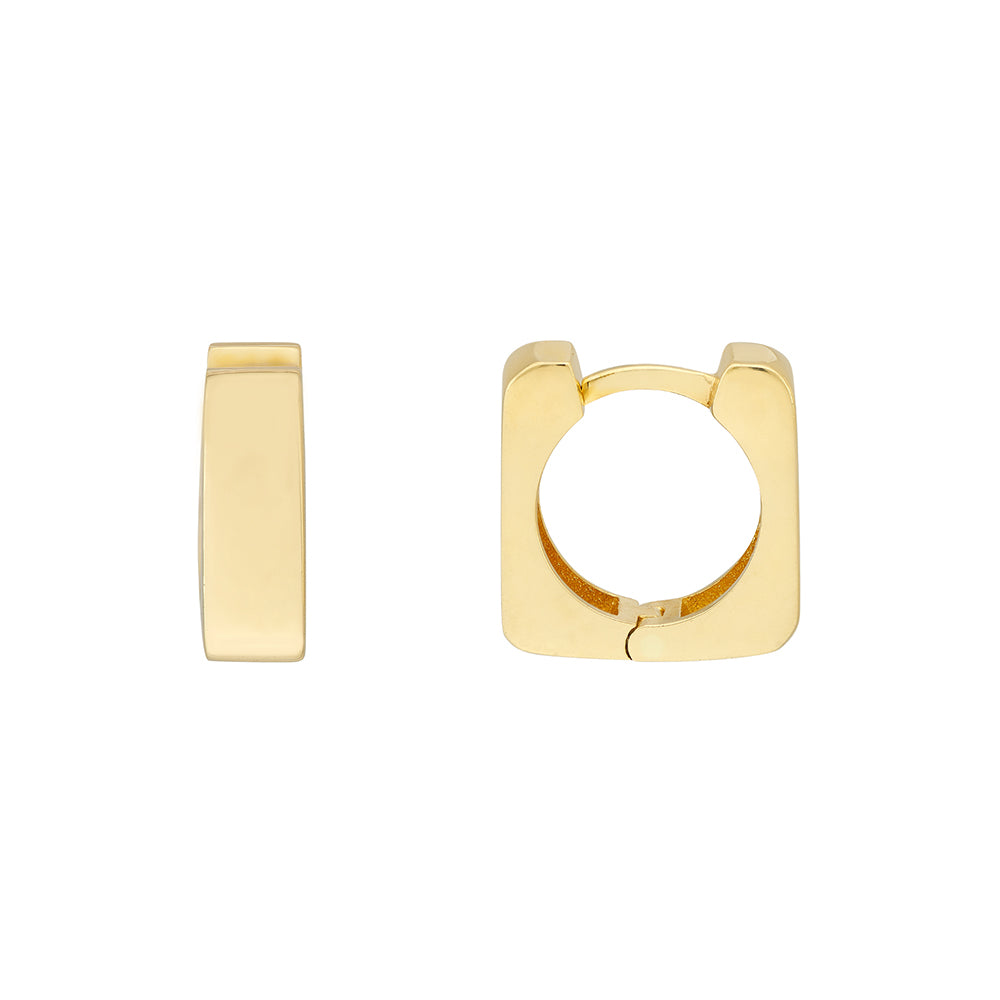 A pair of 14K yellow gold small square huggie hoop earrings with a polished finish, displayed against a white background.