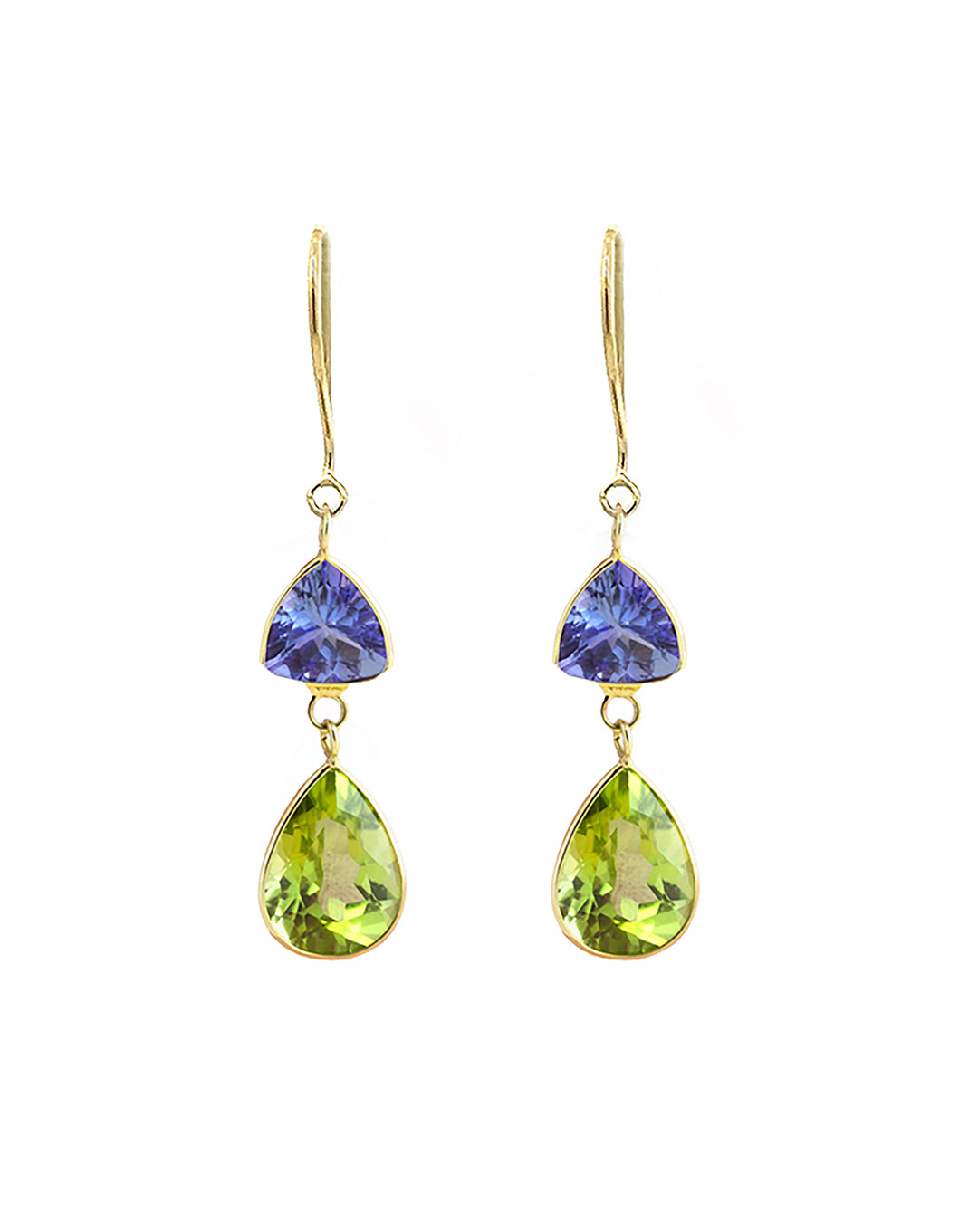 A pair of 18K yellow gold tanzanite and peridot drop earrings.
