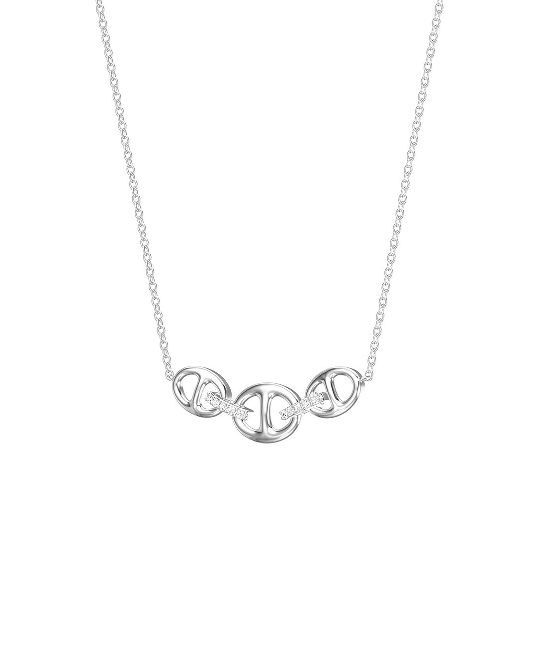 Trio Mariner Link Diamond Necklace in 14K white gold featuring three polished mariner links joined by two diamond-accented connectors on a delicate gold chain.