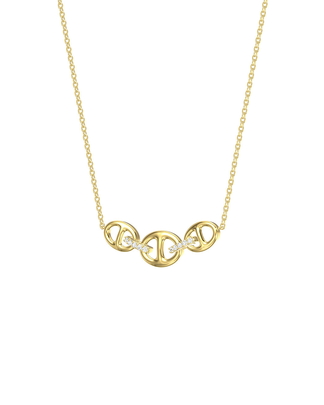 Trio Mariner Link Diamond Necklace in 14K yellow gold featuring three polished mariner links joined by two diamond-accented connectors on a delicate gold chain.