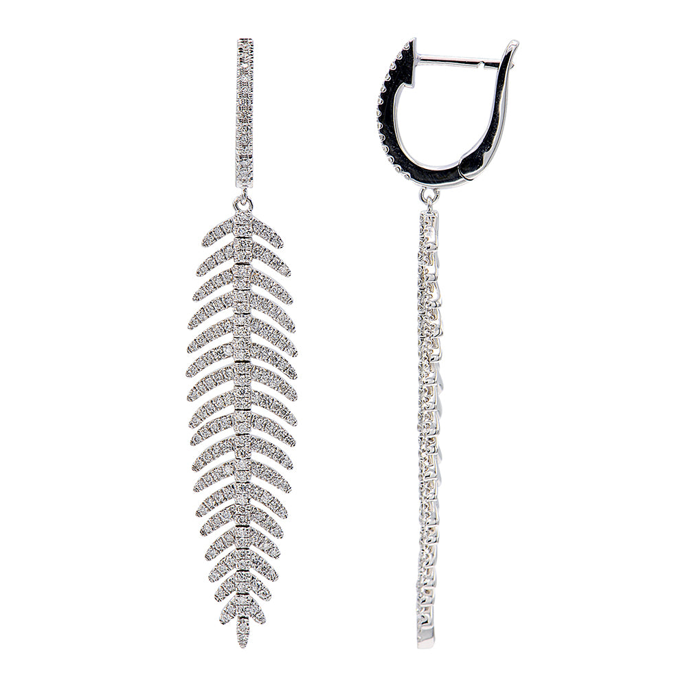 A pair of 18K white gold micro pave diamond feather drop earrings with micro pave diamonds along each individual feather and down the center.